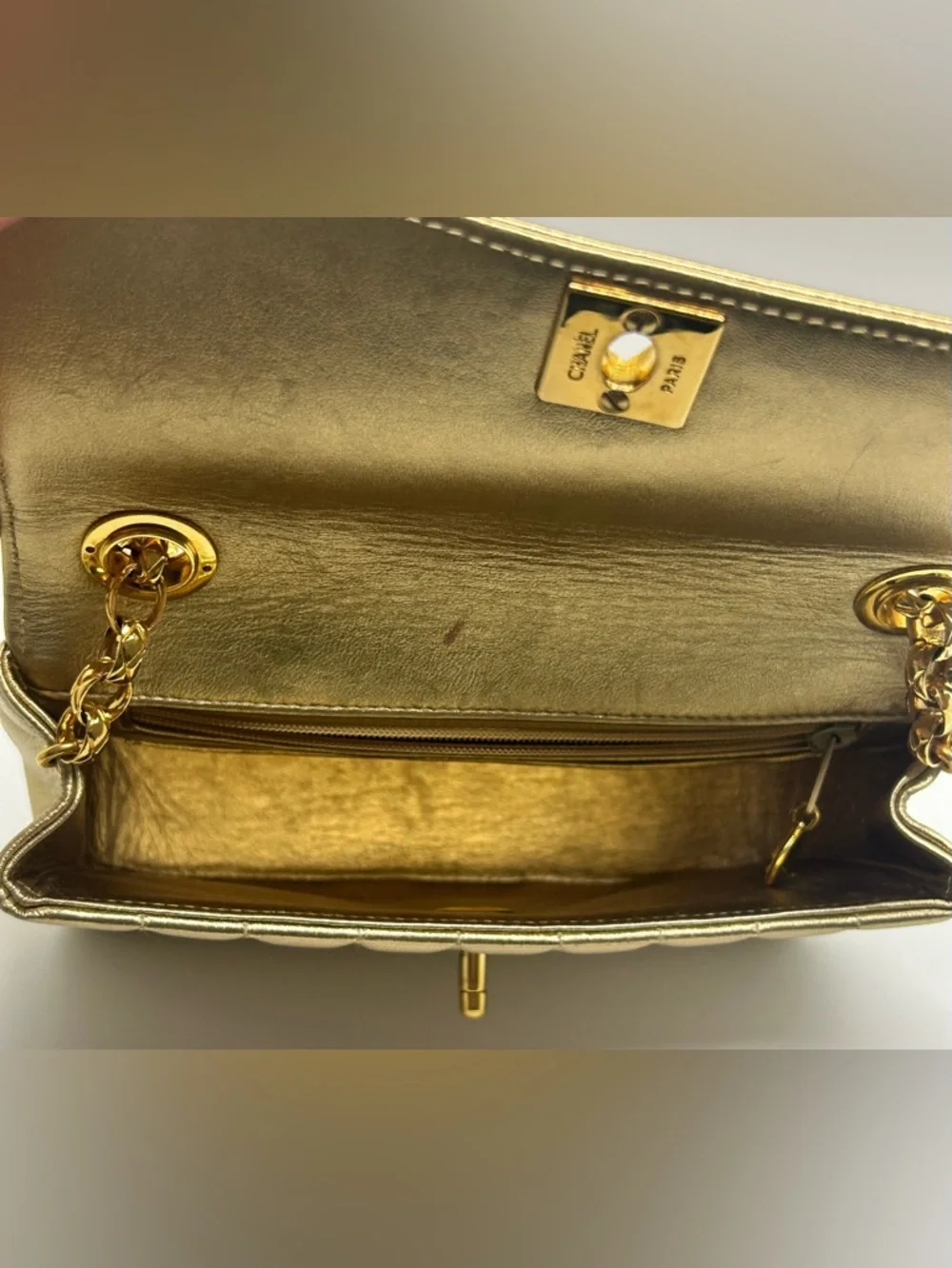 CHANEL Vintage Metallic Gold Vertical Quilt Bijou Chain Mini Border Flap Bag